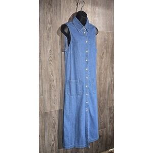 Vintage TY Wear Original Size 10 Denim Maxi Dress Sleeveless Button Front Pocket
